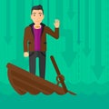 Businessman standing in sinking boat.