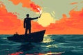 businessman standing on a sinking ship, holding a flare and trying to signal for help