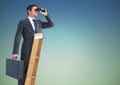 Businessman standing on success ladder and looking through binoculars against sky