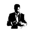 Businessman standing and texting with mobile phone. Isolated vector silhouette, ink drawing. Text messaging Royalty Free Stock Photo