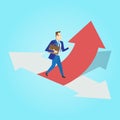 Businessman standing on three ways arrows for selection. Business way select concept. Vector illustration.