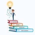 Businessman standing on top of books stair and get money from light bulb idea. Royalty Free Stock Photo