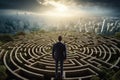 Businessman standing on top of a labyrinth and looking at the city, Businessman standing on top of a maze looking at the way to Royalty Free Stock Photo