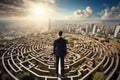 Businessman standing on top of a maze and looking at the city, Businessman standing on top of a maze, looking at the way to Royalty Free Stock Photo