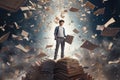 Businessman standing on top of a pile of books and looking at the camera, A man standing on an open book, Floating pieces of the