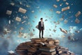Businessman standing on top of a pile of books. Mixed media, A man standing on an open book. floating pieces of the book above him