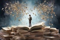 Businessman standing on top of a pile of books and reading a book, A man standing on an open book, Floating pieces of the book