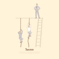 Businessman standing on top of wall, men climbing ropes, work smarter not harder, achieving life goals metaphor banner