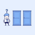 Businessman standing beside two doors, unable to make the right decision concept with question marks above his head Royalty Free Stock Photo