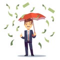 Businessman standing with umbrella in money rain vector illustration Royalty Free Stock Photo