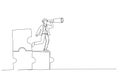 businessman standing on uncompleted jigsaw looking for missing piece. Finding solution concept. Single line art style