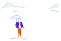 Businessman standing under rain holding umbrella business protection concept horizontal sketch doodle