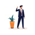 businessman standing waving hand presenting business strategy with plant pot background tiny people vector flat illustration