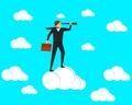 A businessman stands on a cloud and looks through a spyglass. Vector illustration.