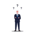 Confused businessman in a suit with crossed arms surrounded by question marks in minimal vector illustration Royalty Free Stock Photo