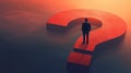 Businessman stands contemplatively on a large question mark Royalty Free Stock Photo