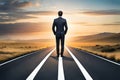 Businessman Stands At A Fork In The Road And Looks Where He Should Go, Concept Of Decision-Making And Dilemma, Technology. Generat Royalty Free Stock Photo