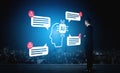 Businessman Analyzing Artificial Intelligence Concepts with Digital Communication Bubbles and City Skyline Background at Royalty Free Stock Photo