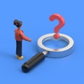 businessman stands in front of a question mark in a magnifying glass, looking for a solution or an answer to a question Royalty Free Stock Photo