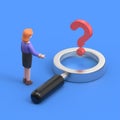 businessman stands in front of a question mark in a magnifying glass, looking for a solution or an answer to a question Royalty Free Stock Photo