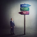 Businessman stands in front of a signpost showing three different directions, past, present and future. Choose the correct way. Royalty Free Stock Photo