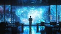 A businessman stands in a high-tech office, analyzing complex data visualizations on a large digital wall, representing technology Royalty Free Stock Photo