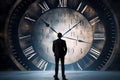 A man in a suit against the background of a dial, rear view. A businessman stands and looks at a large watch. Concept: time is Royalty Free Stock Photo