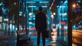 A businessman stands near a bus stop briefcase in one hand and phone in the other. posture is tense and face is hidden .