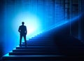 Businessman stands on steps against of binary code background. Digital technology, it startup Investing concept. Created with