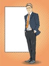 Businessman Stays Next To Blank White Board. Pop Art Comics Retro Style Vector Illustration. Put Your Own Text