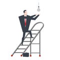 Businessman on stepladder is changing light bulb. Boss on sliding portable staircase. Vector illustration Royalty Free Stock Photo