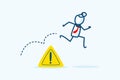 businessman stick figure character jump pass an exclamation attention sign mark. Solving problem, identify risk or avoid critical Royalty Free Stock Photo