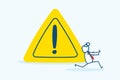 businessman stick figure character running away from exclamation attention sign mark. Solving problem, identify risk or avoid Royalty Free Stock Photo