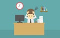 Businessman strain very headache on office table work hard.cartoon of business success is the concept of the man characters