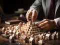 Businessman strategically assembling wooden blocks