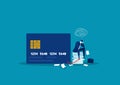 Businessman stress debt with foot chained to bank credit card trying to escape. vector illustration