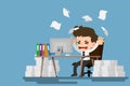 Businessman stress at the desk by a lot of work. Employee character with stack of paper working very hard with the personal comput Royalty Free Stock Photo