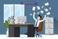 Businessman stress at the desk by a lot of work. Flat vector illustration design of employee character with stack of paper working