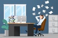 Businessman stress at the desk by a lot of work. Flat vector illustration design of employee character with stack of paper work.