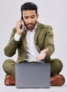 Businessman stress, phone call or laptop on isolated studio background in finance phishing, investment hacking or stock