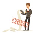 Businessman stressed out by long list of debts, debtor vector Illustration Royalty Free Stock Photo