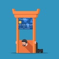 Businessman stuck in credit card guillotine. Royalty Free Stock Photo