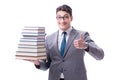 Businessman student carrying holding pile of books isolated on w Royalty Free Stock Photo