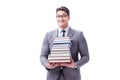 Businessman student carrying holding pile of books isolated on w Royalty Free Stock Photo