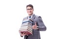 Businessman student carrying holding pile of books isolated on w Royalty Free Stock Photo