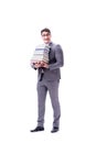 Businessman student carrying holding pile of books isolated on w Royalty Free Stock Photo