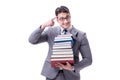 Businessman student carrying holding pile of books isolated on w Royalty Free Stock Photo