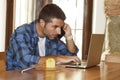 Businessman or student working with laptop computer at coffee shop having breakfast Royalty Free Stock Photo