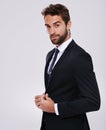 Businessman, studio and portrait fashion smile, corporate work clothes with confident male person. Formal, executive Royalty Free Stock Photo