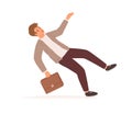 Businessman stumbling and falling down. Fall of young man with briefcase. Career failure, fiasco, crisis, problem and